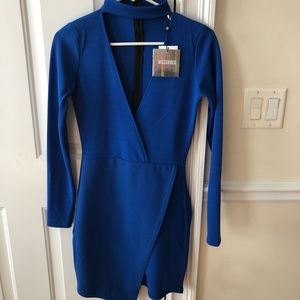 Open Neck Long Sleeve Blue Mini Dress